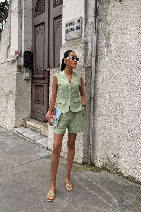 VEST+SHORTS ONE COLOR SIMPLE WOMEN SET MINT/MENTE - 1