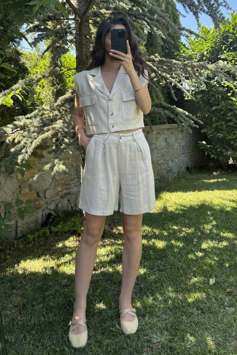 VEST+SHORTS POCKETS DETAIL STRIPES WOMEN SET CREAM/KREM - 7