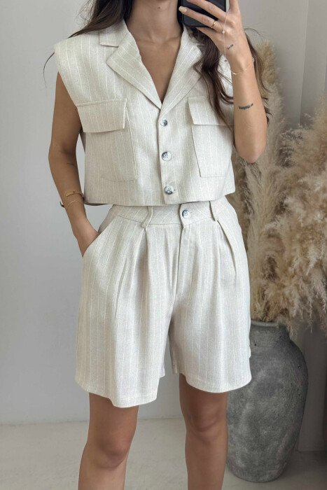 VEST+SHORTS POCKETS DETAIL STRIPES WOMEN SET CREAM/KREM - 4