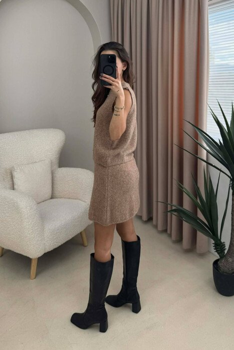 VEST+SKIRT BUTTONS DETAIL KNIT WOMEN SET BEIGE/BEZHE - 3