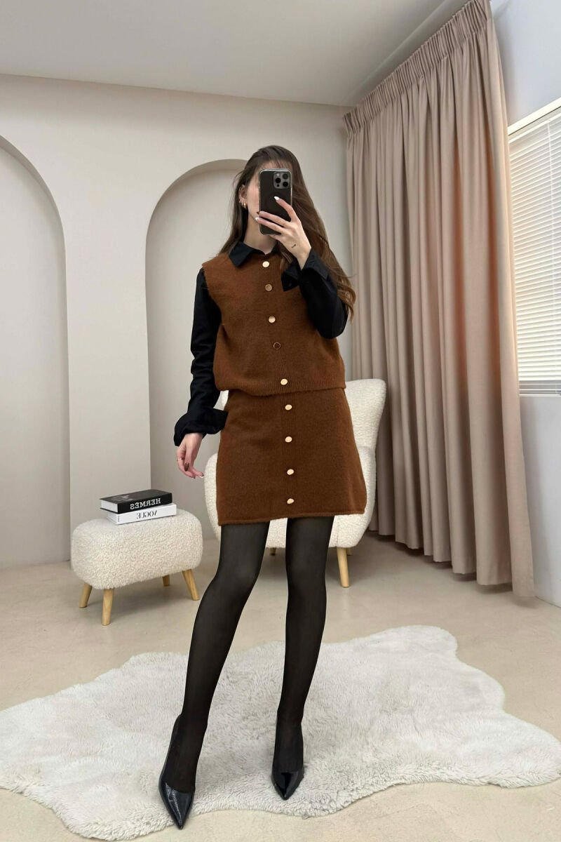 VEST+SKIRT BUTTONS DETAIL KNIT WOMEN SET BROWN/KAFE - 1
