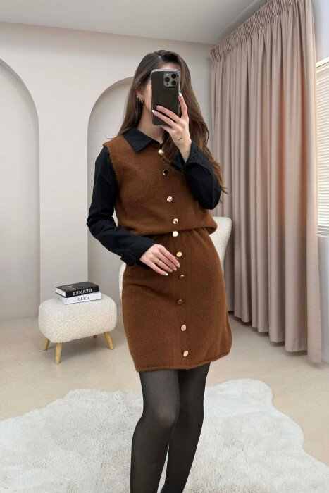 VEST+SKIRT BUTTONS DETAIL KNIT WOMEN SET BROWN/KAFE - 3