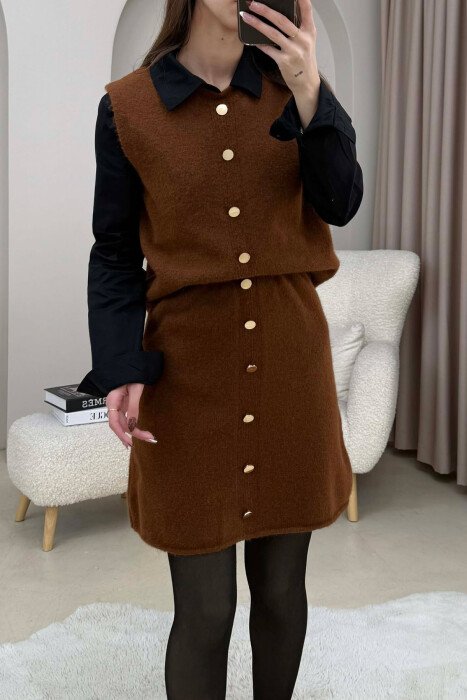 VEST+SKIRT BUTTONS DETAIL KNIT WOMEN SET BROWN/KAFE - 4