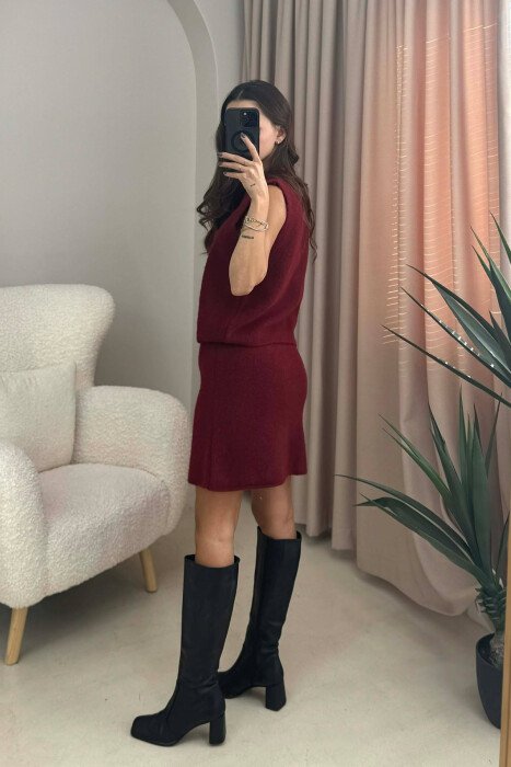 VEST+SKIRT BUTTONS DETAIL KNIT WOMEN SET BURGUNDY/VISHNJE - 4