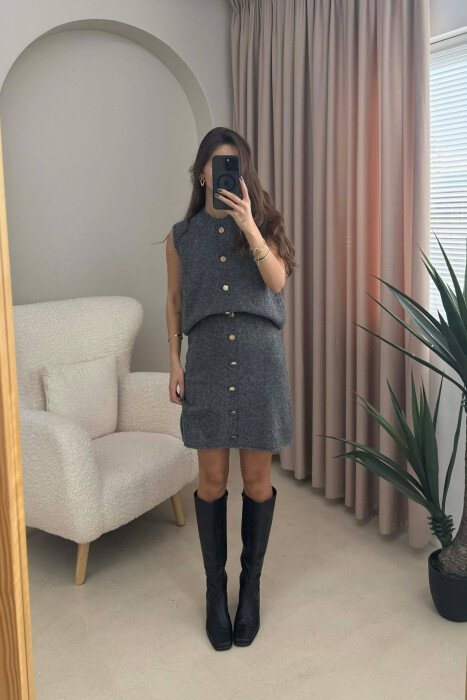 VEST+SKIRT BUTTONS DETAIL KNIT WOMEN SET DARK GREY/GEE - 2