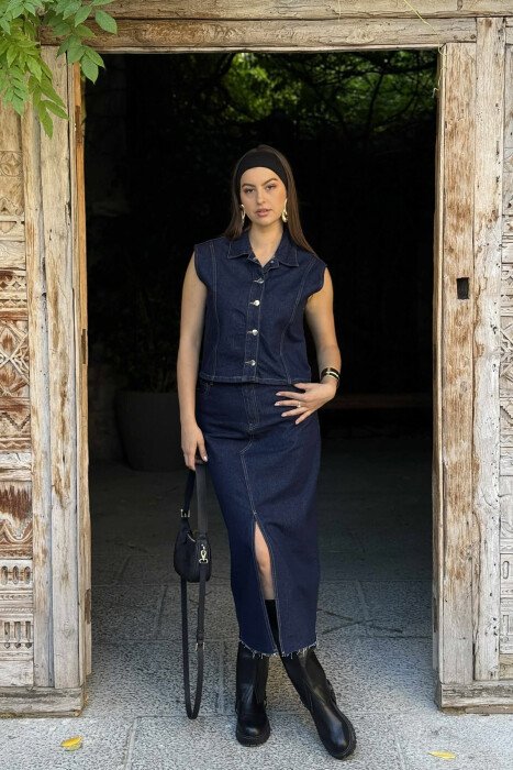 VEST+SKIRT DENIM WOMEN SET BLUE/BLU - KLAUDIO FASHION