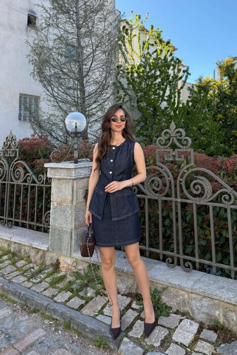 VEST+SKIRT ONE COLOR DENIM WOMEN SET DARK BLUE/BEE - 1