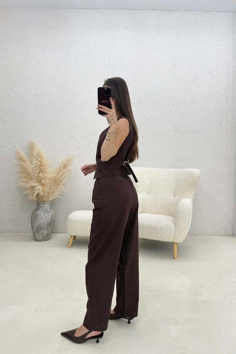 VEST+TROUSERS BACK BELT DETAIL WOMEN SET BROWN/KAFE - 4