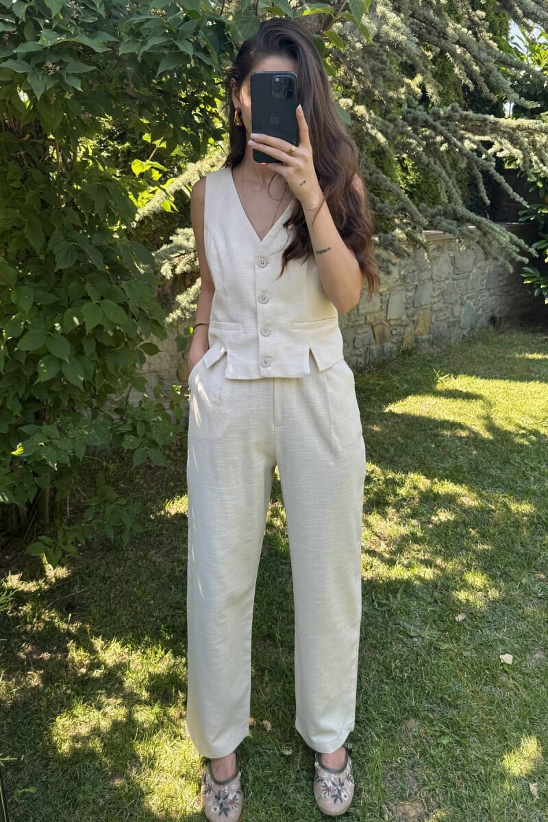 VEST+TROUSERS BACK BELT DETAIL WOMEN SET CREAM/KREM - 1