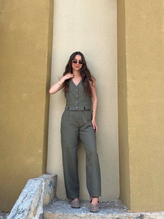 VEST+TROUSERS BACK BELT DETAIL WOMEN SET DARK GREEN/JEE 
