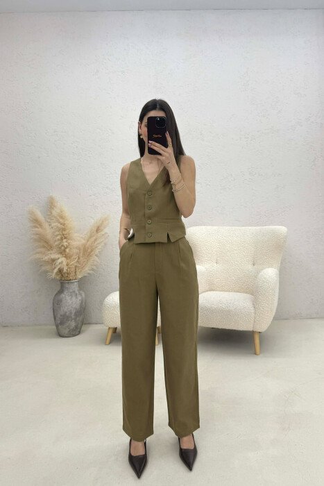 VEST+TROUSERS BACK BELT DETAIL WOMEN SET OLIVE/ULLI - 1