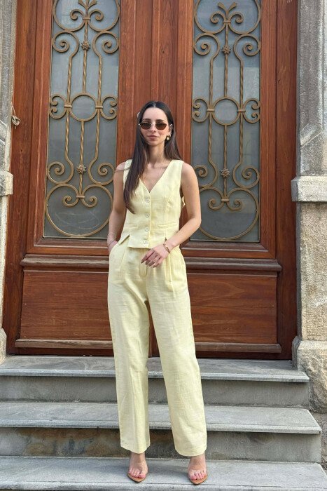 VEST+TROUSERS BACK BELT DETAIL WOMEN SET YELLOW/E VERDHE - 2