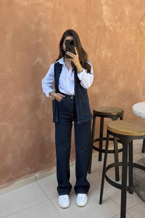 VEST+TROUSERS LACING DETAIL DENIM WOMEN SET BLUE/BLU - KLAUDIO FASHION