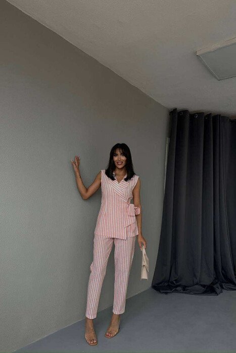VEST+TROUSERS LACING STRIPED WOMEN SET ORANGE/PORTOKALLI - KLAUDIO FASHION