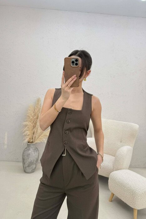 VEST+TROUSERS ONE COLOR WOMEN TWO PIECE SET DARK BROWN/KAE - 3