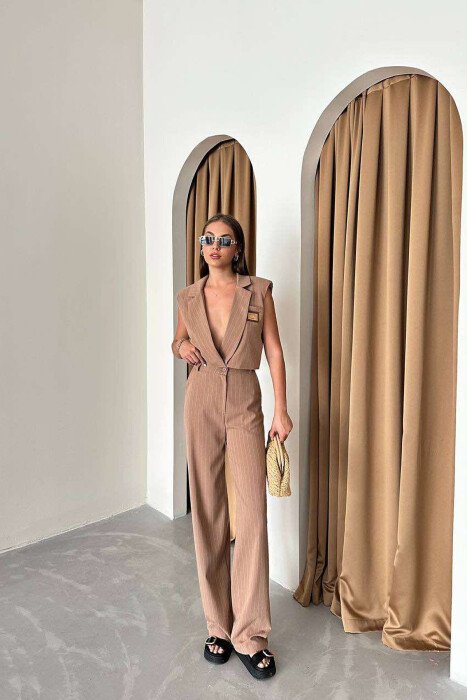 VEST+TROUSERS STRIPED WOMEN SET LIGHT BROWN/KAZB - KLAUDIO FASHION