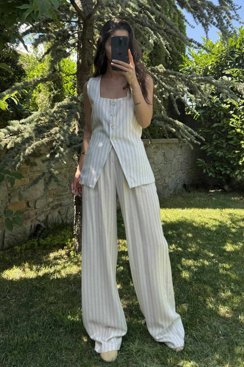 VEST+TROUSERS STRIPES LACINGS WOMEN SET CREAM/KREM - 1