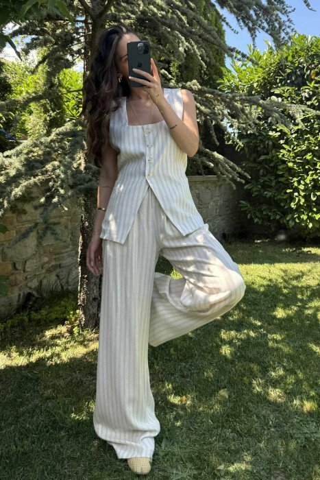 VEST+TROUSERS STRIPES LACINGS WOMEN SET CREAM/KREM - 2