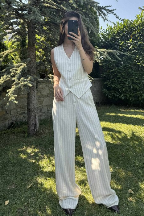 VEST+TROUSERS STRIPES SIMPLE WOMEN SET CREAM/KREM - 1