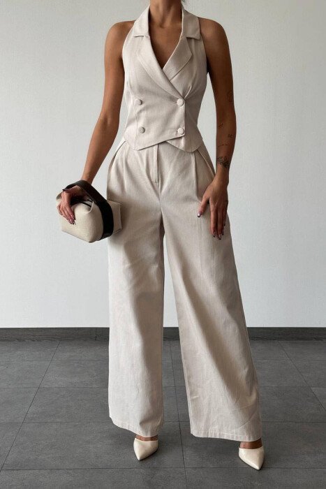 VEST+TROUSERS WOMAN SET CREAM/KREM - KLAUDIO FASHION