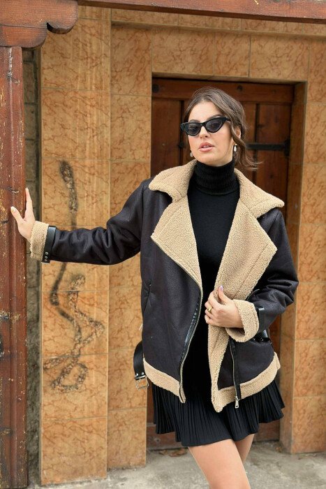 BELTED WOMEN JACKET BALCK+BEIGE ZEBZH - KLAUDIO FASHION