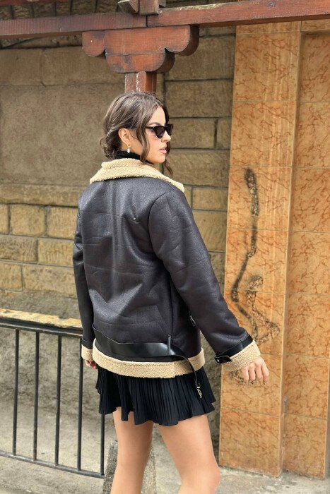 BELTED WOMEN JACKET BALCK+BEIGE ZEBZH - 3