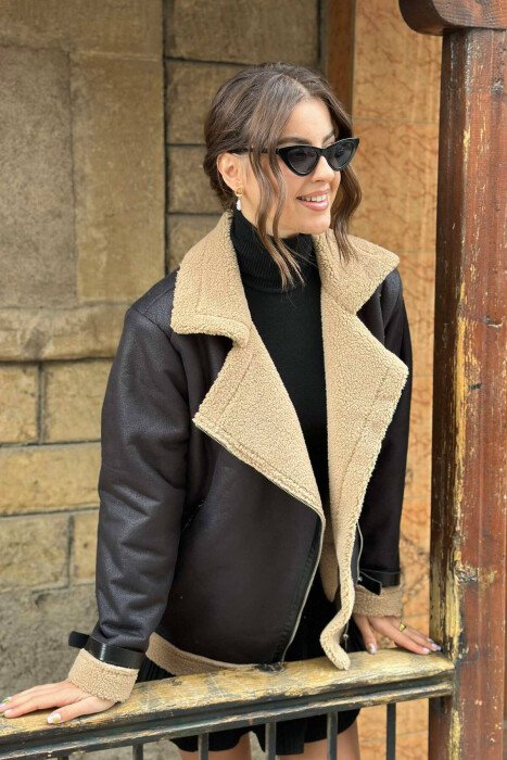 BELTED WOMEN JACKET BALCK+BEIGE ZEBZH - 4