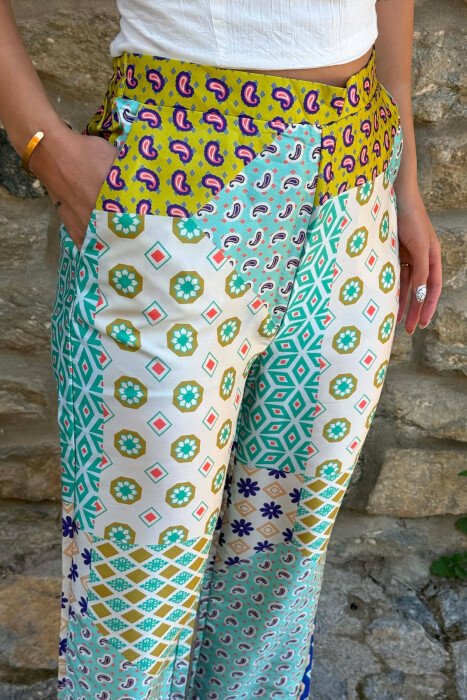 WIDE LEG ABSTRACT DESIGN WOMEN TROUSERS MINT/MENTE - 5