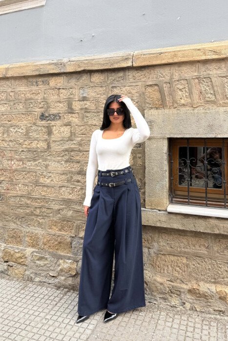 WIDE LEG BELT DETAIL ONE COLOR WOMAN TROUSERS BLUE/BLU - KLAUDIO FASHION