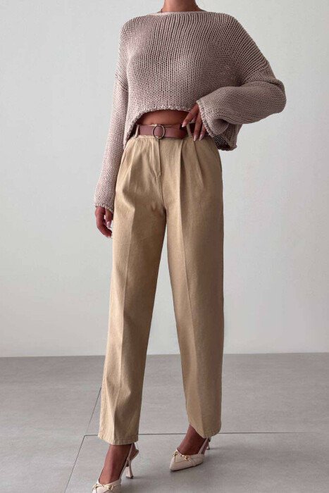 WIDE LEG BELTED WOMEN JEANS BEIGE/BEZHE - KLAUDIO FASHION