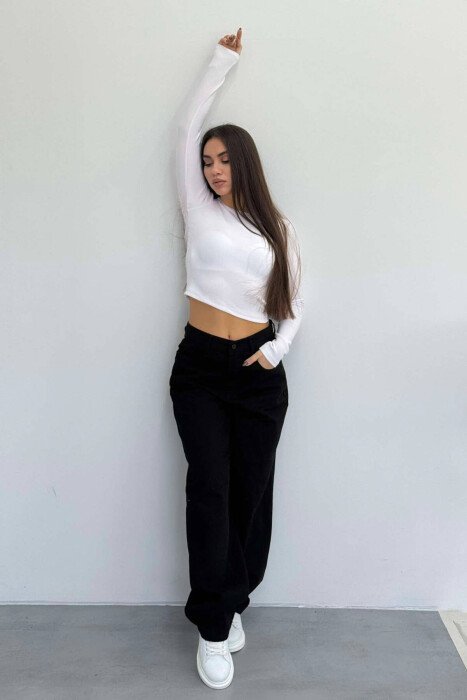 WIDE LEG BELTED WOMEN JEANS BLACK/ E ZEZE - KLAUDIO FASHION