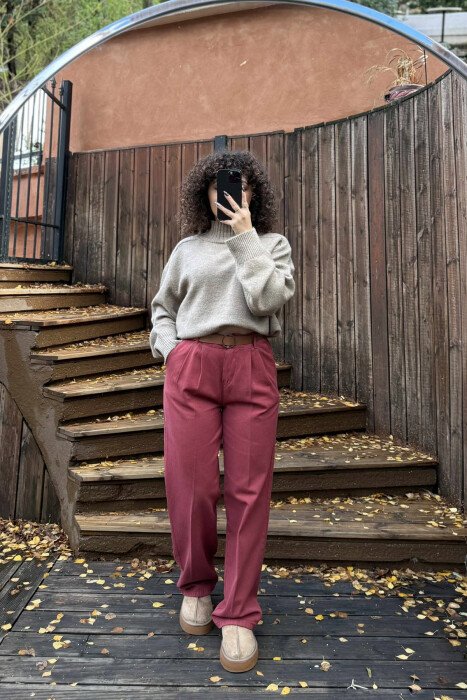 WIDE LEG BELTED WOMEN JEANS BURGUNDY/VISHNJE - KLAUDIO FASHION