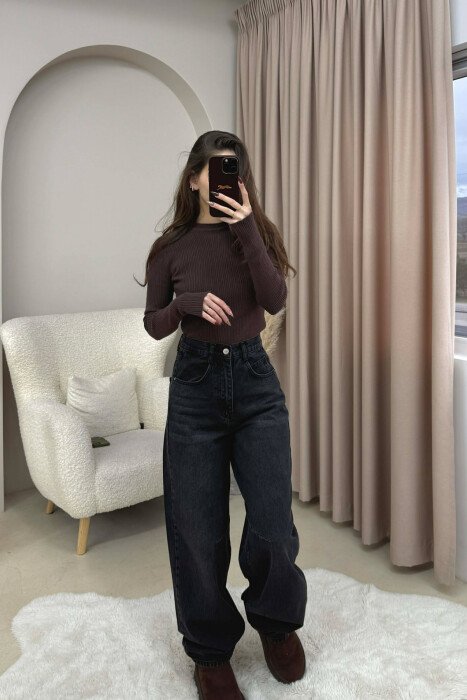 WIDE LEG BELTED WOMEN JEANS DARK GREY/GEE - KLAUDIO FASHION