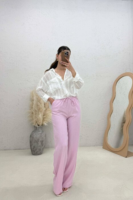 WIDE LEG ELASTIC WAIST LACING DETAIL WOMAN TROUSERS BABY PINK/ROZB - KLAUDIO FASHION