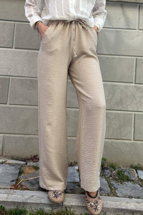 WIDE LEG ELASTIC WAIST LACING DETAIL WOMAN TROUSERS BEIGE/BEZHE - 4