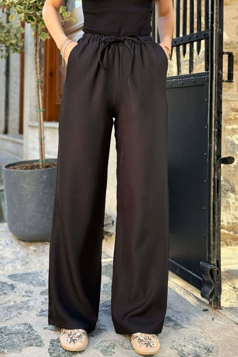WIDE LEG ELASTIC WAIST LACING DETAIL WOMAN TROUSERS BLACK/ E ZEZE - 5