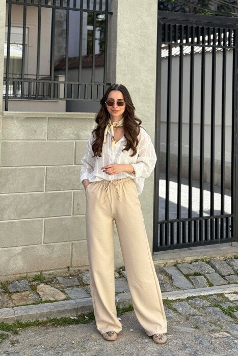 WIDE LEG ELASTIC WAIST LACING DETAIL WOMAN TROUSERS CREAM/KREM - KLAUDIO FASHION