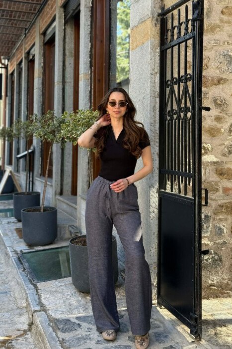 WIDE LEG ELASTIC WAIST LACING DETAIL WOMAN TROUSERS DARK GREY/GEE - 2