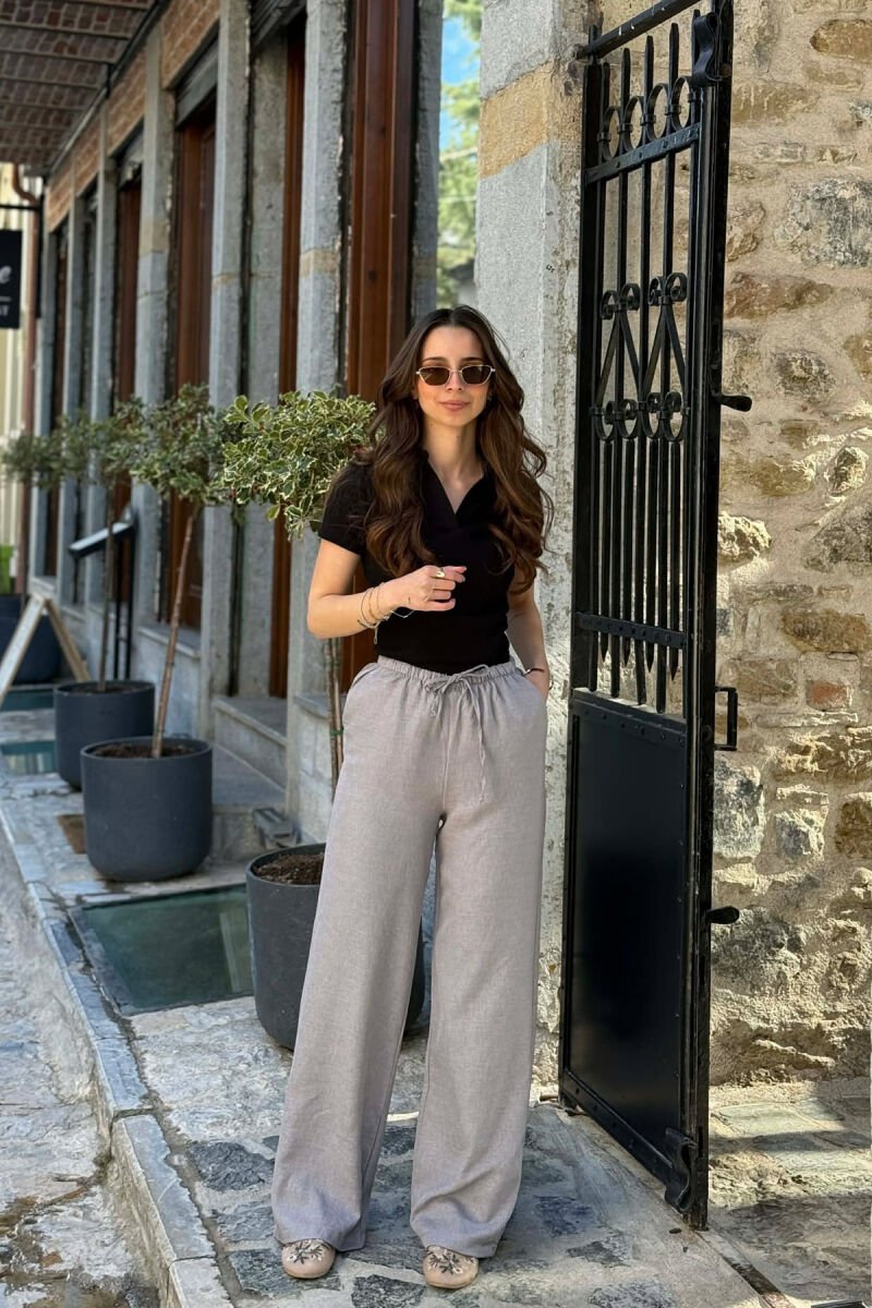 WIDE LEG ELASTIC WAIST LACING DETAIL WOMAN TROUSERS LIGHT GREY/GZ - 1