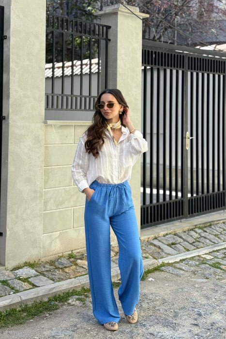 WIDE LEG ELASTIC WAIST LACING DETAIL WOMAN TROUSERS LIGHTBLUE/BZ - KLAUDIO FASHION