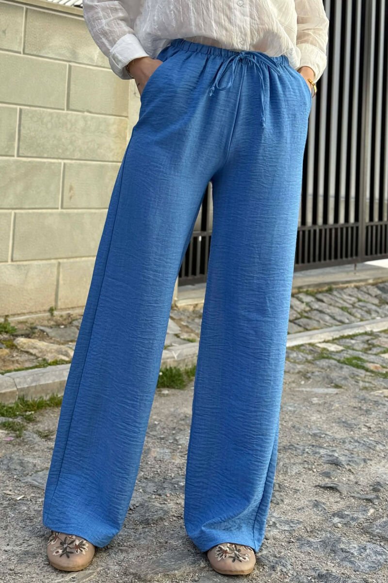 WIDE LEG ELASTIC WAIST LACING DETAIL WOMAN TROUSERS LIGHTBLUE/BZ - 4