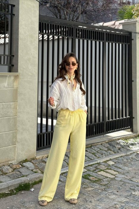 WIDE LEG ELASTIC WAIST LACING DETAIL WOMAN TROUSERS YELLOW/E VERDHE - 1