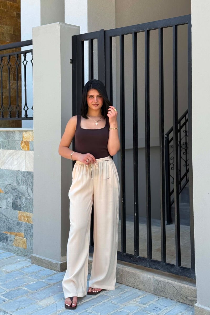 WIDE LEG ELASTIC WAIST WOMAN TROUSERS BEIGE/BEZHE - 1