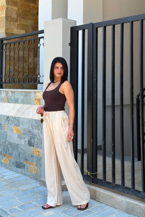WIDE LEG ELASTIC WAIST WOMAN TROUSERS BEIGE/BEZHE - 2