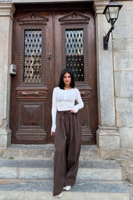 WIDE LEG ELASTIC WAIST WOMAN TROUSERS BROWN/KAFE 