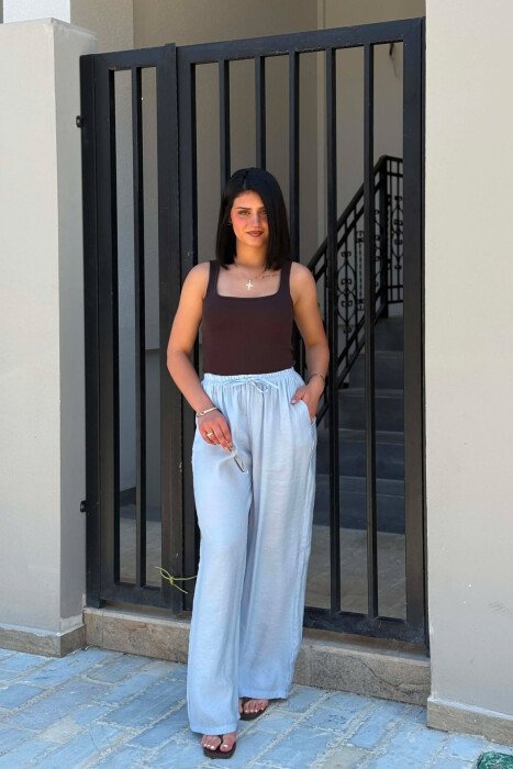 WIDE LEG ELASTIC WAIST WOMAN TROUSERS LIGHTBLUE/BZ - 3