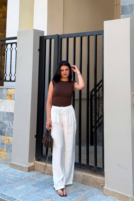 WIDE LEG ELASTIC WAIST WOMAN TROUSERS WHITE-E BARDHE 