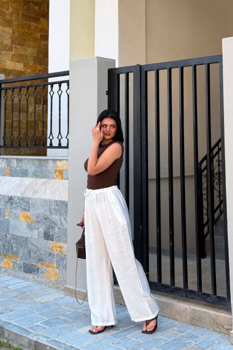 WIDE LEG ELASTIC WAIST WOMAN TROUSERS WHITE-E BARDHE - 2