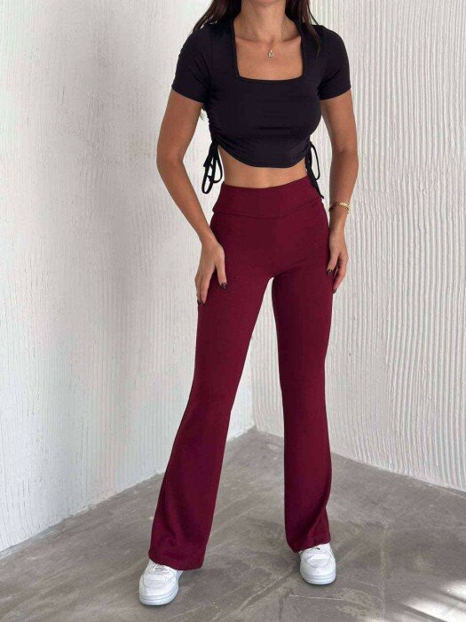 ONE COLOR WIDE LEG EALSTIC WAIST WOMEN SWEATPANTS BURGUNDY/VISHNJE - 1