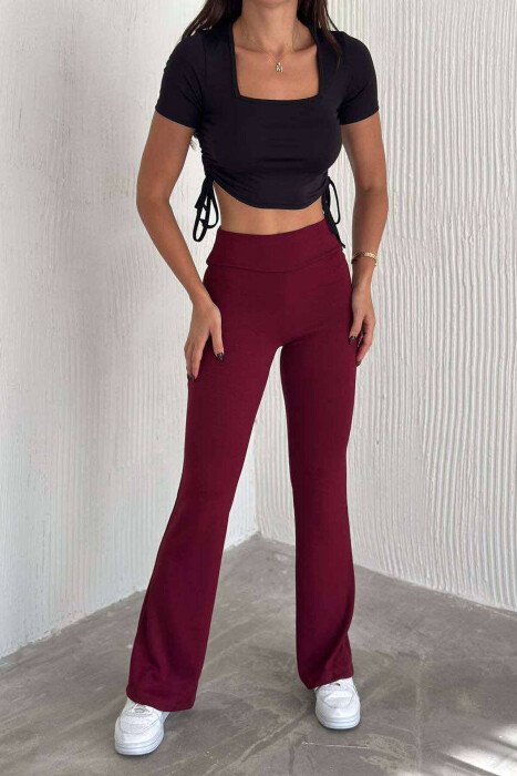 ONE COLOR WIDE LEG EALSTIC WAIST WOMEN SWEATPANTS BURGUNDY/VISHNJE - 2